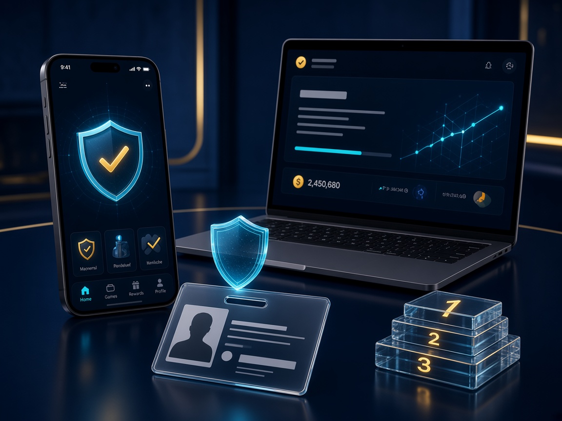 Account security setup with a laptop, phone and verification shield