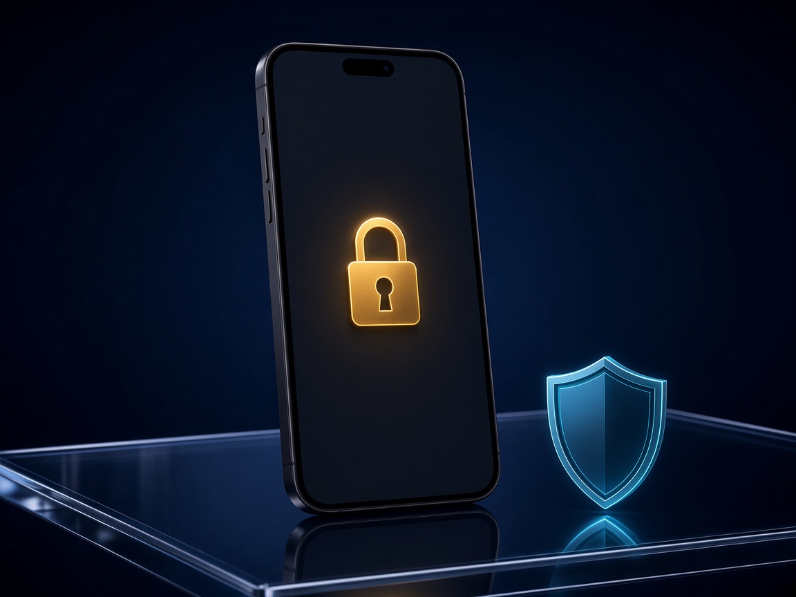 Phone lock screen and cyan shield for mobile security checks