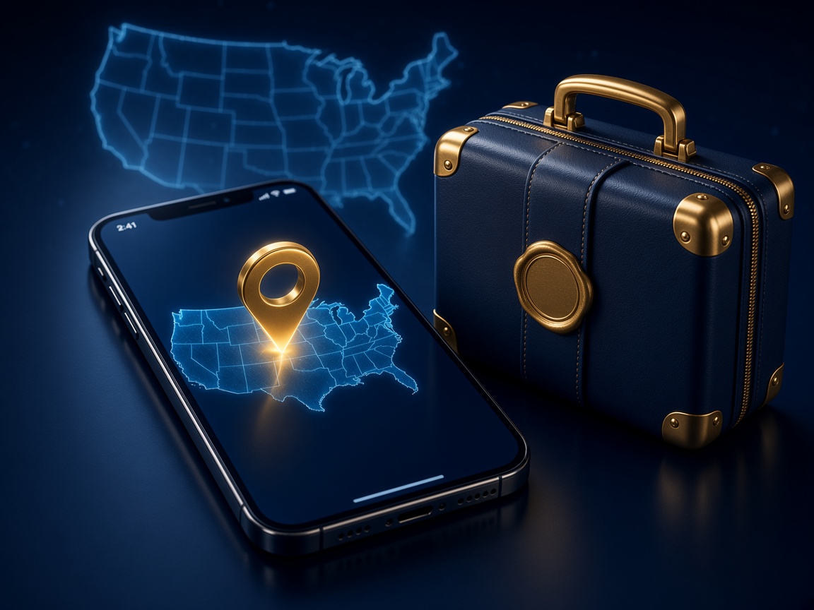 Suitcase and phone GPS pin showing travel does not change eligibility