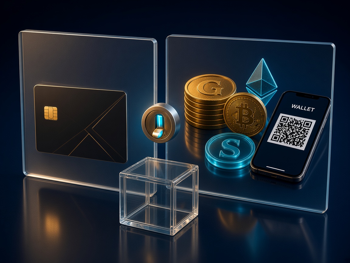 Toggle between a bank card panel and crypto tokens with an empty vault