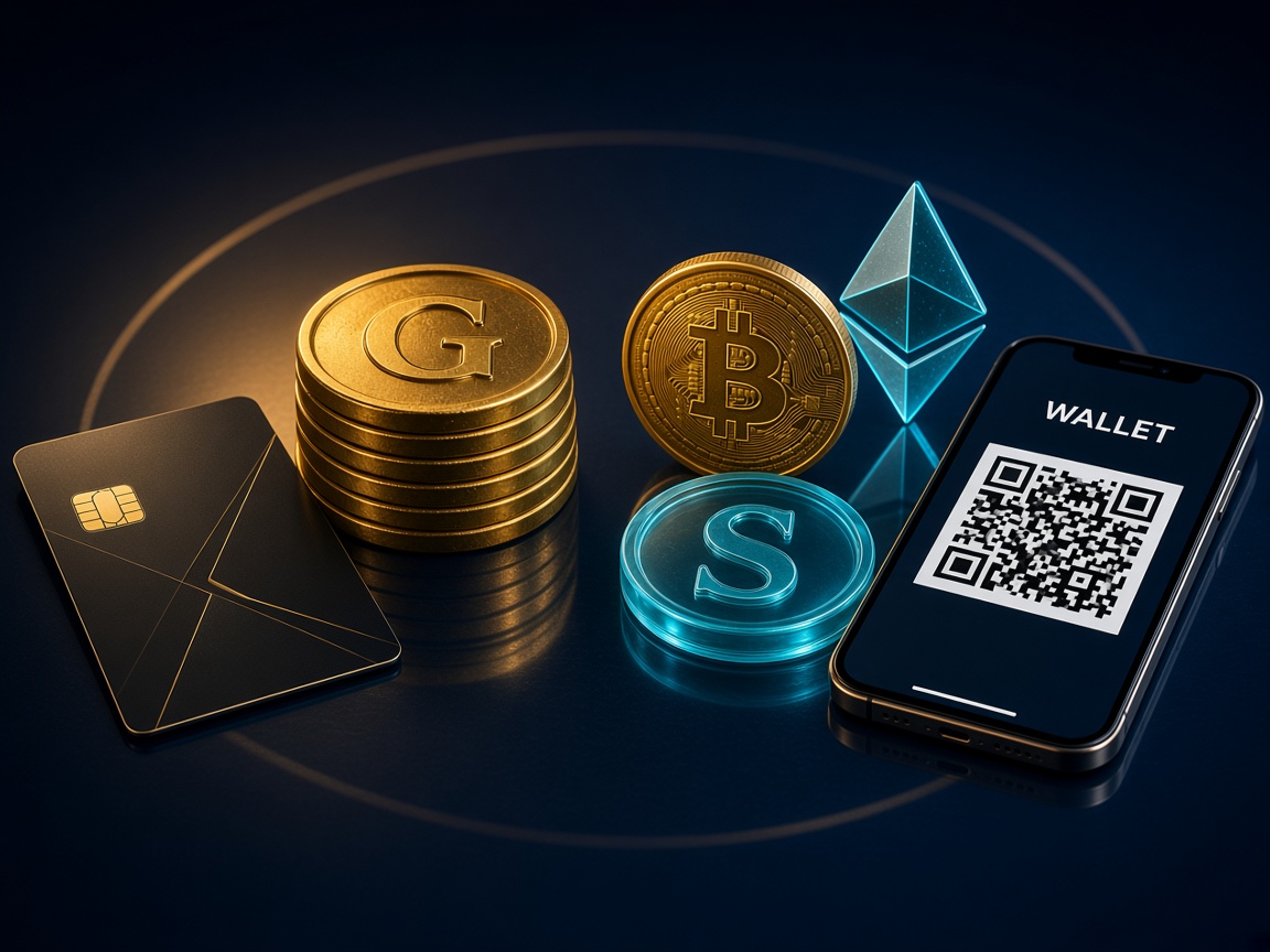 Generic bank card, gold coins and crypto tokens for Fiat and Crypto modes
