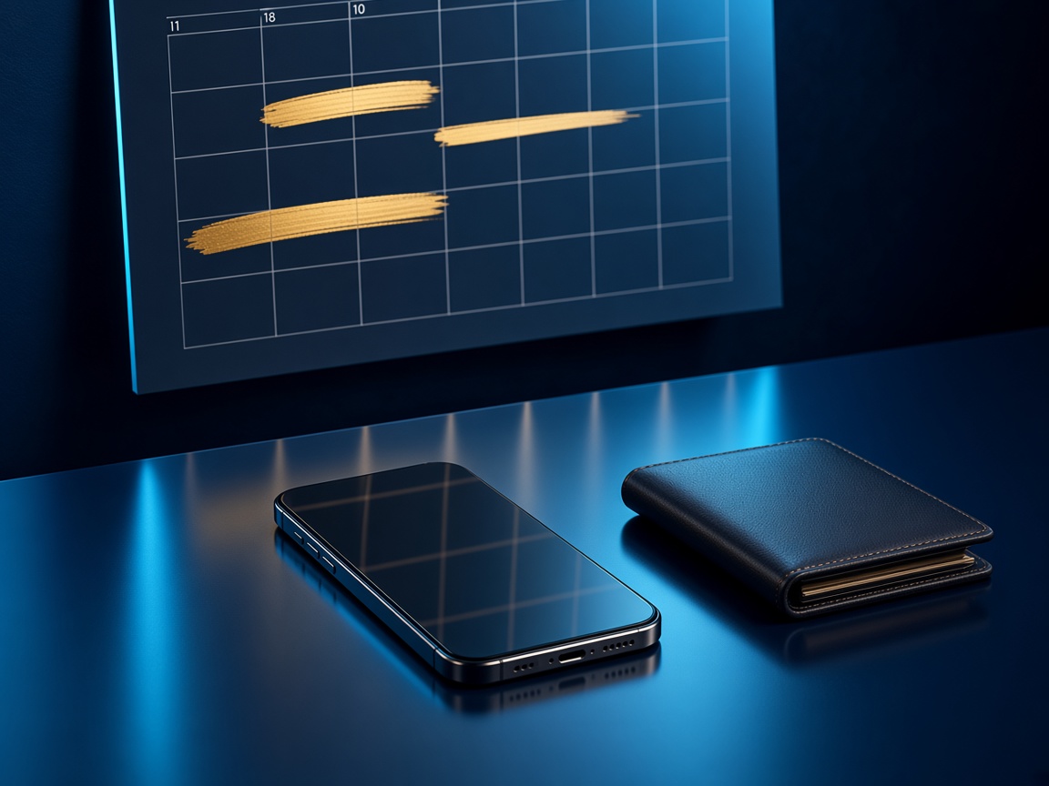 Calendar, face-down phone and closed wallet for play controls