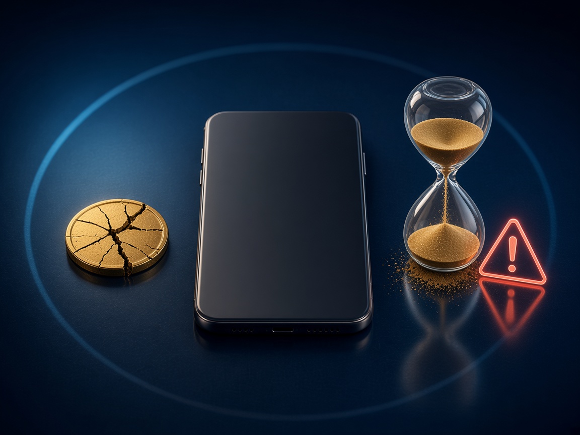 Cracked gold coin, hourglass and warning triangle for overplay signs