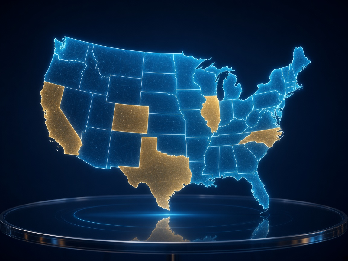 Glowing US map with gold and cyan states for eligibility